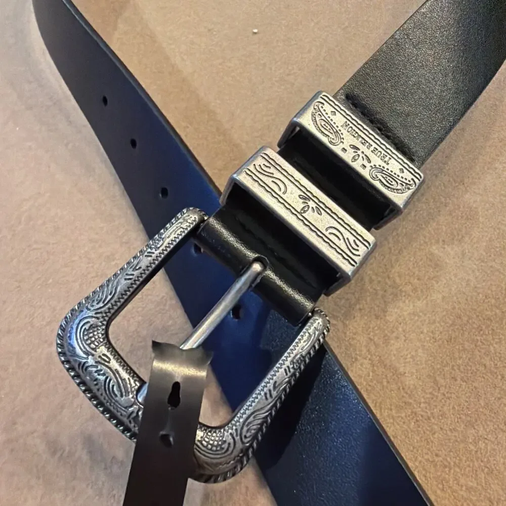 True Religion Mens Belt Palomo Western Theme Silver buckle 42